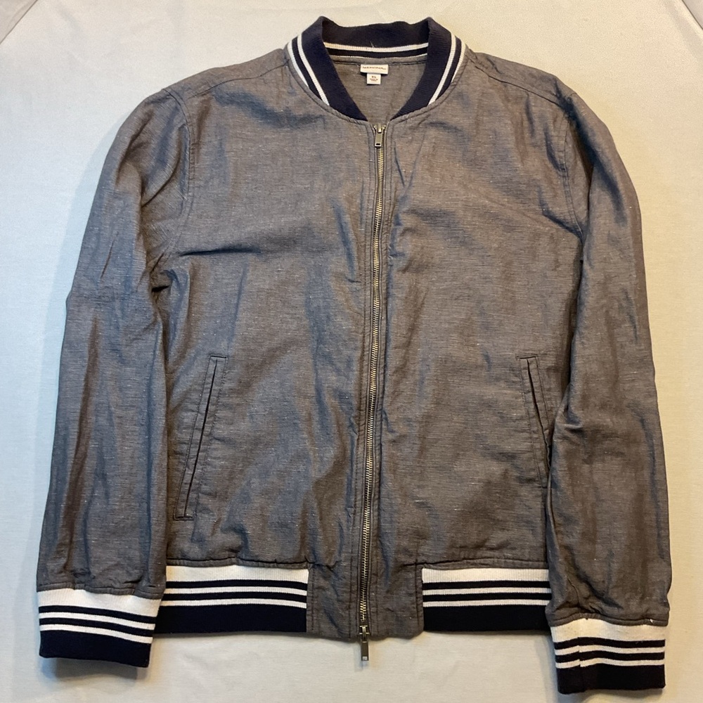 Merona Men's Gray Zip Bomber Jacket Vintage Look, Size XL Navy Collar Warm Light